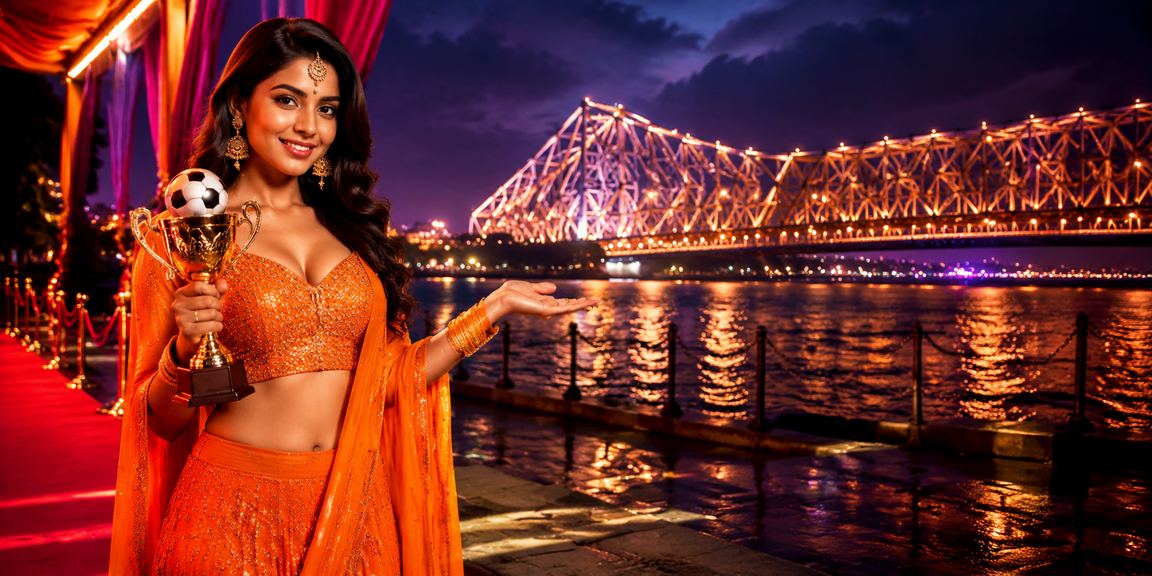 Evening neon-lit view over Kolkata's Howrah Bridge during sports betting season